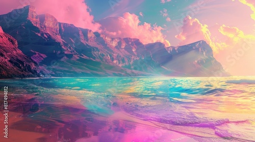 A colorful beach with mountains in the background  rainbow water  beautiful  dreamy  fantasy 