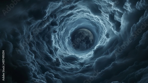 A dramatic view of dark, swirling clouds just before a thunderstorm, with the sky opening slightly to reveal the moon. 32k, full ultra HD, high resolution