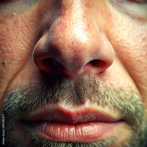 A close-up shot of a human nose, highlighting the nostrils and unique nasal features.