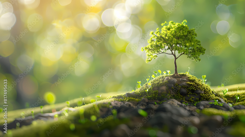Small tree growing on rocks surrounded by green moss Small tree growing on rocks surrounded by green moss