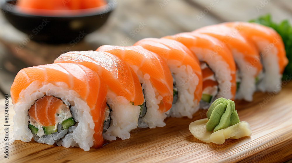 Side view mix sushi rolls on a tray with ginger and wasabi, on a wooden table japan. Side view mix sushi rolls on a tray with ginger and wasabi, on a wooden table japan.