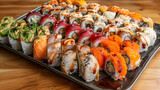 Side view mix sushi rolls on a tray with ginger and wasabi, on a wooden table japan.