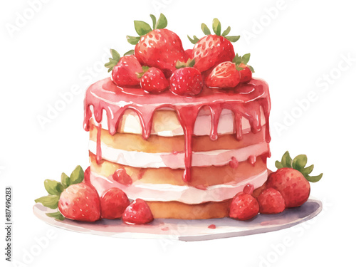 いちごの乗ったケーキの水彩風イラスト Generative AI