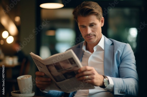 businessman sitting in coffee shop, reading newspaper, drinking coffee