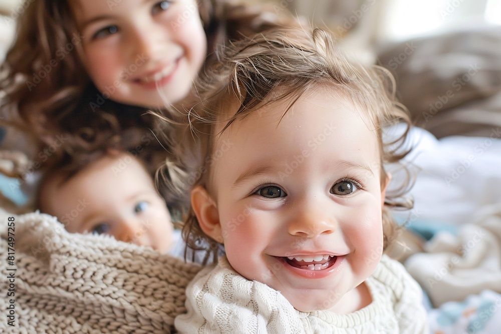 Several children are lying on a bed, all smiling happily Several children are lying on a bed, all smiling happily