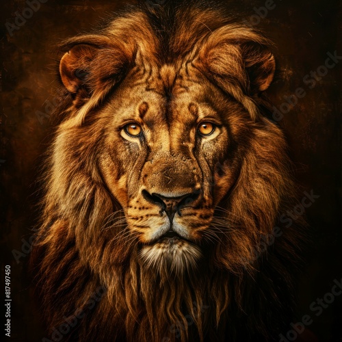 portrait of lion on dark and gold background