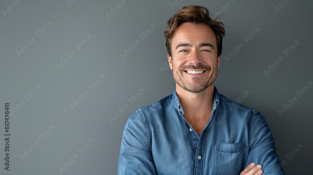 Fototapeta premium Confident Professional: Handsome Smiling Businessman in Blue Shirt isolated on gray background