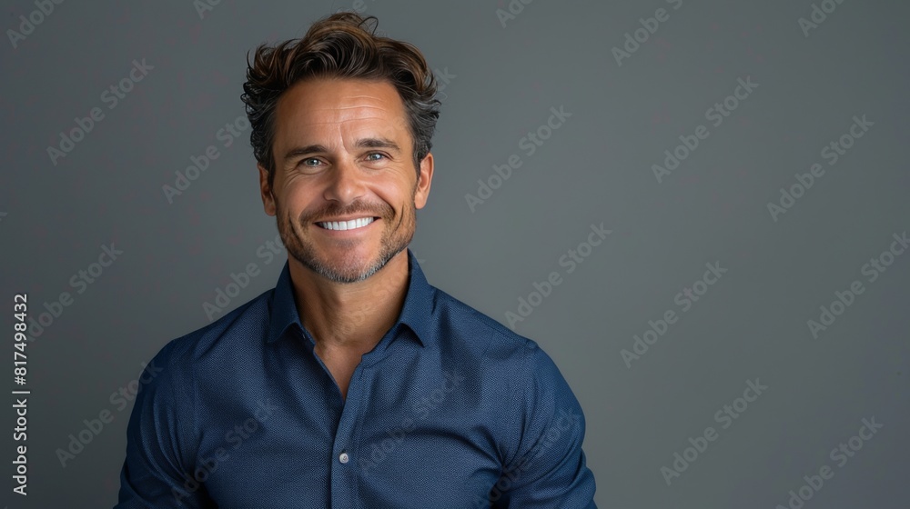 Fototapeta premium Confident Professional: Handsome Smiling Businessman in Blue Shirt isolated on gray background