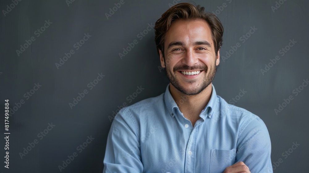 Fototapeta premium Confident Professional: Handsome Smiling Businessman in Blue Shirt isolated on gray background