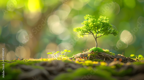 Small tree growing on rocks surrounded by green moss