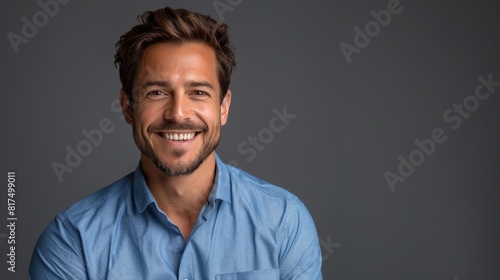 Confident Professional: Handsome Smiling Businessman in Blue Shirt isolated on gray background