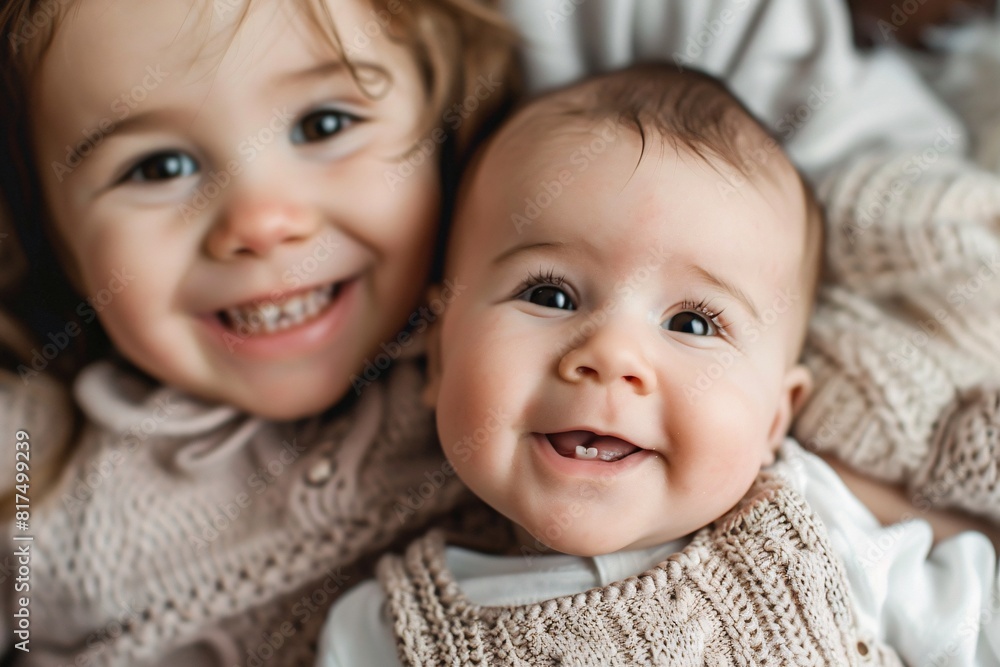 Two babies joyfully lay side by side on a soft blanket, smiling happily