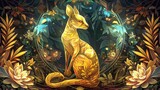 Golden kangaroo with intricate patterns surrounded by foliage and glowing elements in dark forest