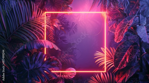 neon background and tropical leaves, using a striking color scheme of pink and orange