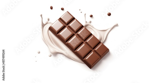 Chocolate bar with chocolate and milk cream splashes isolated on white background.