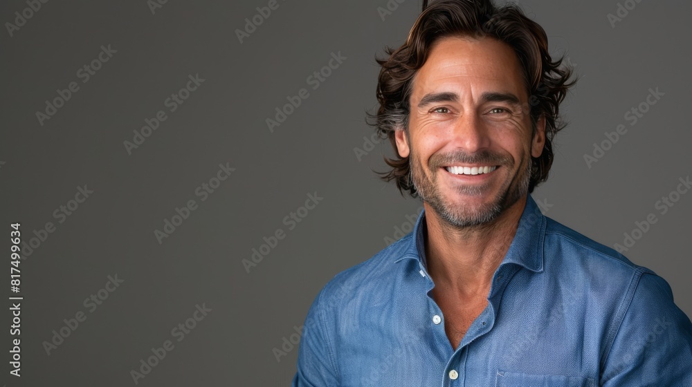 Fototapeta premium Confident Professional: Handsome Smiling Businessman in Blue Shirt isolated on gray background