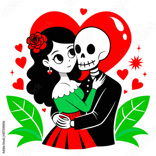 illustration of a skeleton couple deeply in love, embracing each other amidst a backdrop of swirling hearts, symbolizing eternal romance