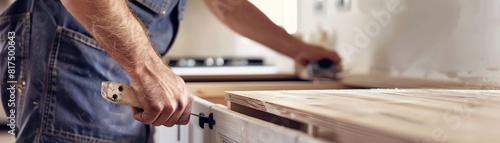 A carpenter installing new cabinets, close up, woodworking theme, realistic, Blend mode, a renovated kitchen as backdrop