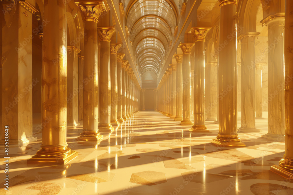 A gold hallway inside a palace in a spiritual landscape style with columns and totems, arabesque elements, and dreamy and romantic compositions in light beige and brown colors. A gold hallway inside a palace in a spiritual landscape style with columns and totems, arabesque elements, and dreamy and romantic compositions in light beige and brown colors.