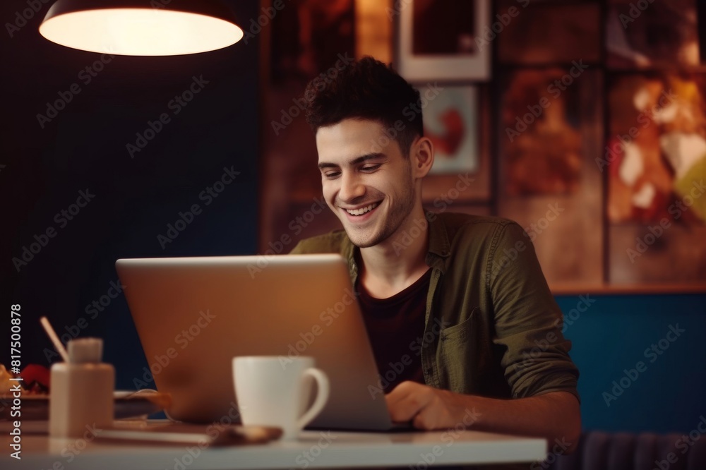 cheerful male student studying on laptop computer while drinking coffee in a coffee shop cheerful male student studying on laptop computer while drinking coffee in a coffee shop
