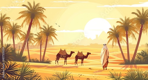 Sudan  palm trees in the desert with camels and an Arab man dressed