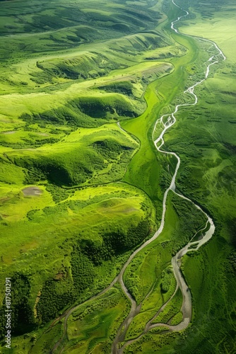 A river in the middle of a green valley from the sky, depicted in a luminist landscapes style with free-flowing lines. photo
