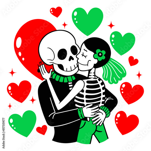 illustration of a skeleton couple deeply in love, embracing each other amidst a backdrop of swirling hearts, symbolizing eternal romance