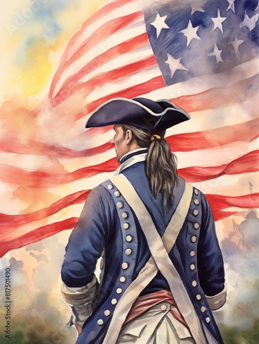 A powerful watercolor painting showing the rear view of a brave colonial soldier standing in front of an American flag, billowing in the aftermath of a musket shot during the Revolutionary War.
