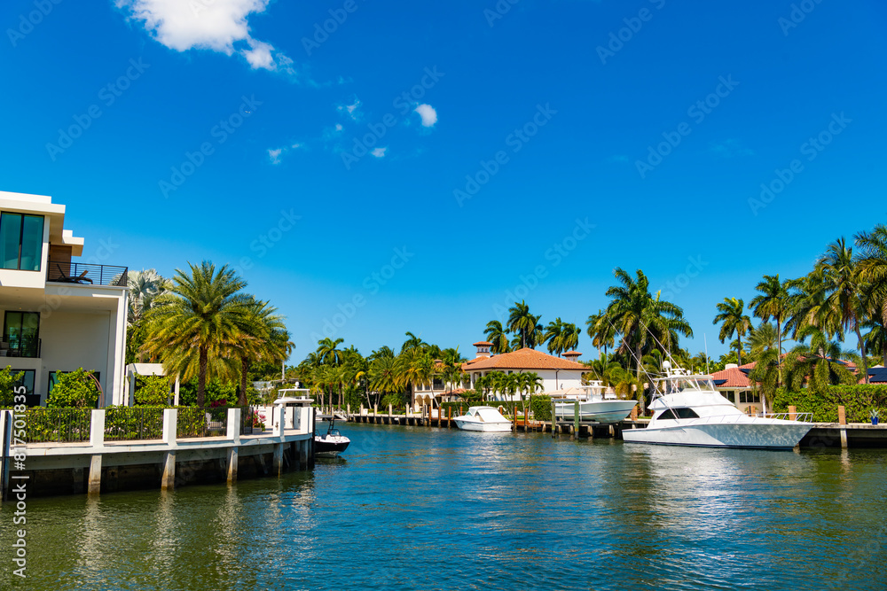 Vacation in summer paradise. Luxury house apartment at summertime. Travel to bay at Florida. Dreamy vacation. Summer vacation in tropical residential house. Luxury summer villa with yacht pier