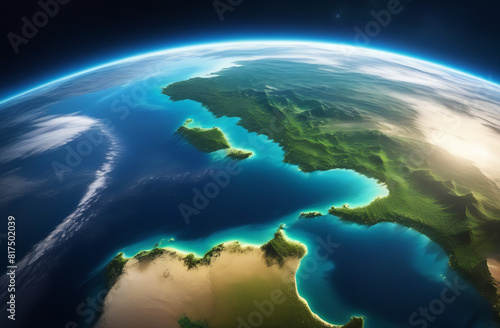 Fantastic view of the earth from space. Beautiful view of the ocean and the land