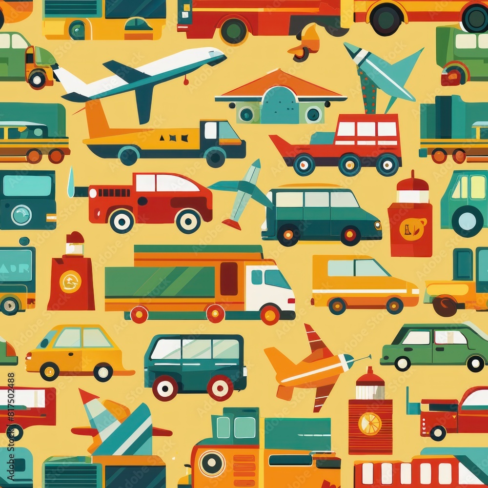 Naklejka premium Seamless pattern of blocky vehicles like cars, trucks, and airplanes, perfect for wrapping gifts for transportation enthusiasts, Generative AI