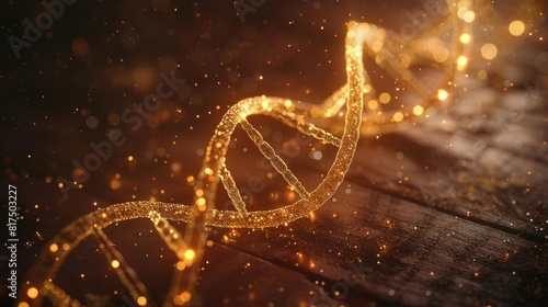 Overhead view of a glowing 3D DNA helix on a dark, grained wood table, with copious background space for editorial use