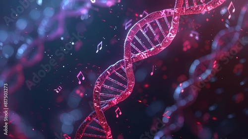 3D rendering of a DNA molecule with musical notes integrated into its double helix