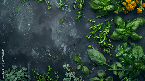 Dark gray background with copy space and fresh vegetables on the edge photo