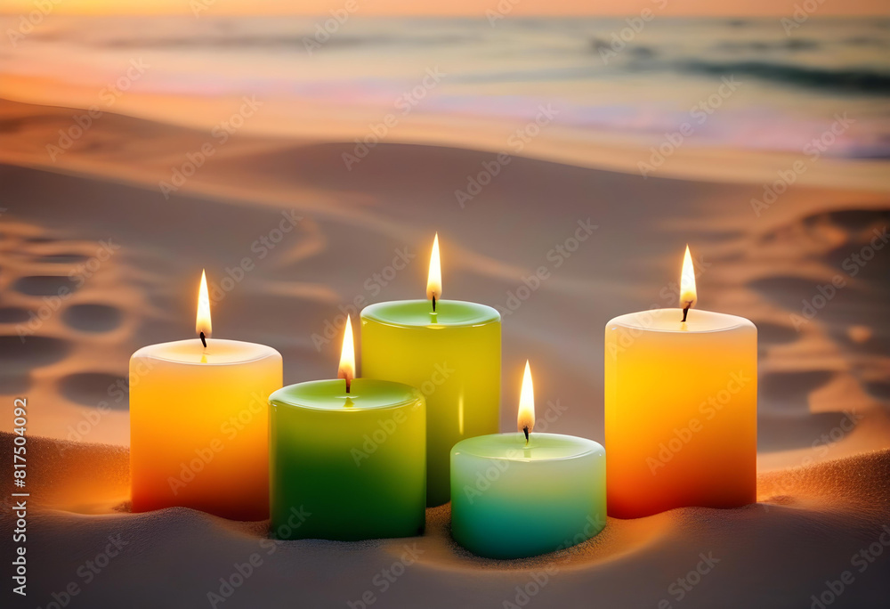 A photo of lit candles on a bed of sand with a sunset in the background A photo of lit candles on a bed of sand with a sunset in the background