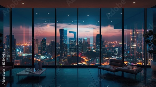 Futuristic City Night View Modern Skyscrapers and Urban Architecture Conceptual Room with Panoramic Window 