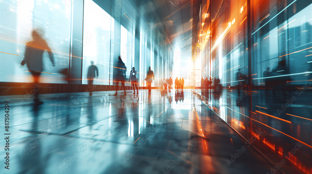 Amidst the sleek architecture of a modern office building, the blurred figures of AI robots gather for a business meeting, creating a visually compelling scene against a minimalist color background. Amidst the sleek architecture of a modern office building, the blurred figures of AI robots gather for a business meeting, creating a visually compelling scene against a minimalist color background.