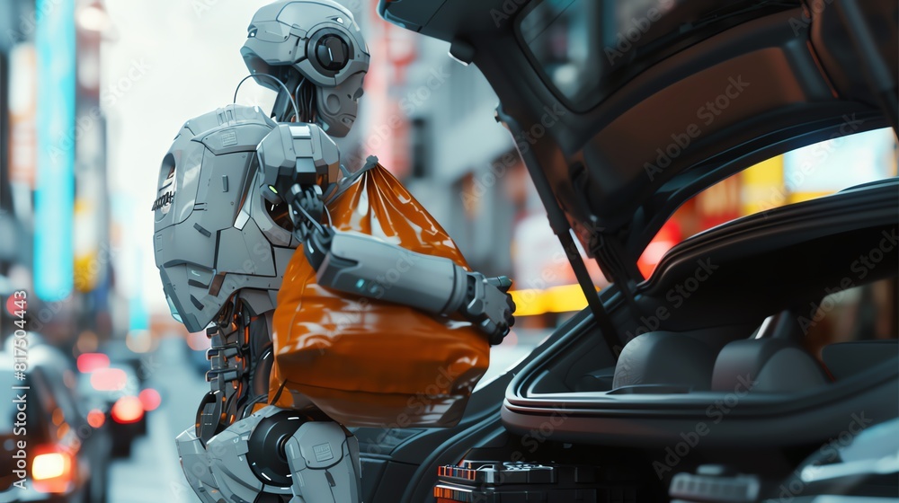 A robotic assistant lifting bags into a car trunk, focus on, convenience theme, realistic, Composite, an urban street as backdrop A robotic assistant lifting bags into a car trunk, focus on, convenience theme, realistic, Composite, an urban street as backdrop