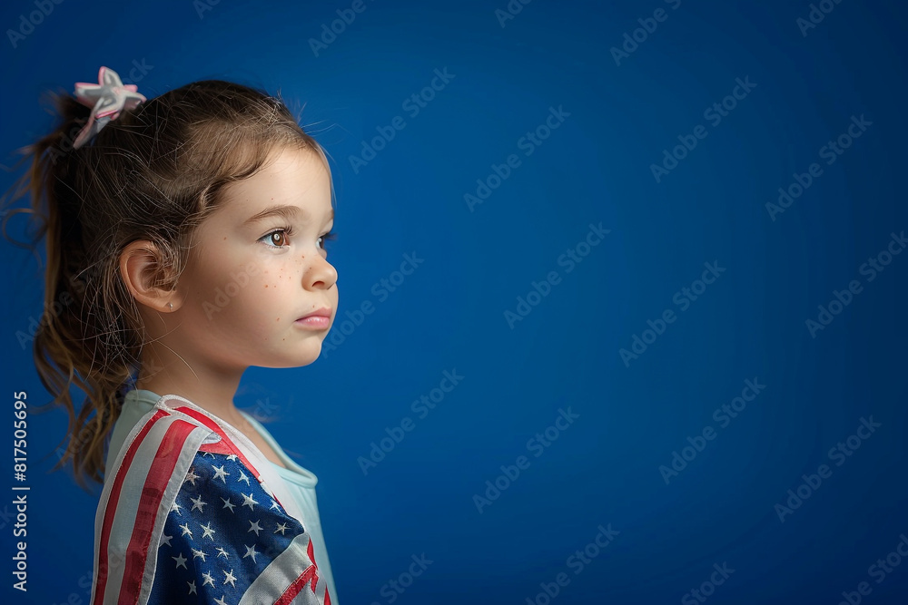 Side profile of a little girl with an American flag against a royal blue background. Side profile of a little girl with an American flag against a royal blue background.