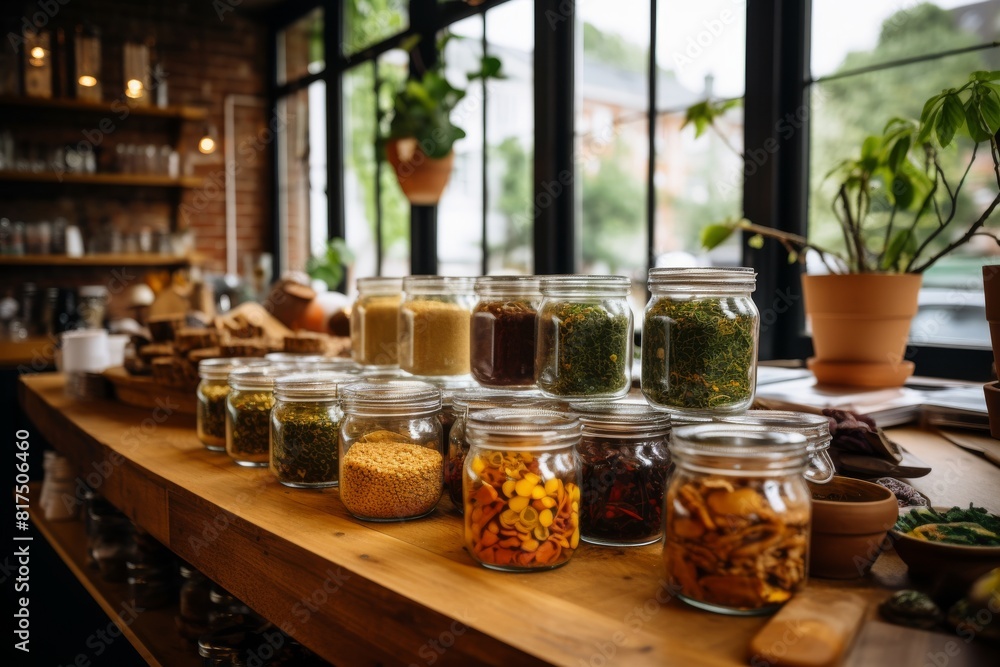 The image shows a variety of bulk food items in glass jars on a wooden shelf in front of a large window. The image shows a variety of bulk food items in glass jars on a wooden shelf in front of a large window.