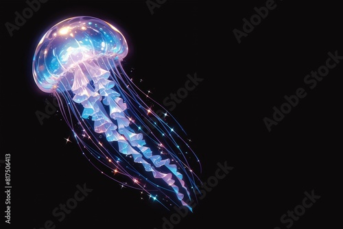 Glowing Jellyfish in Black Background, Mesmerizing Underwater Creature Concept, 4K Digital Wallpaper with Text Copy Space photo