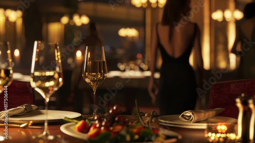 A woman in a black dress is walking past a table with wine glasses