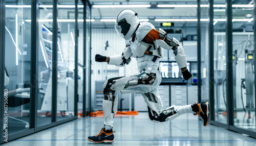 The photo shows a  humanoid robot with a white and gray body. It is running in a glass-walled room. The robot is wearing a helmet and a backpack. photo