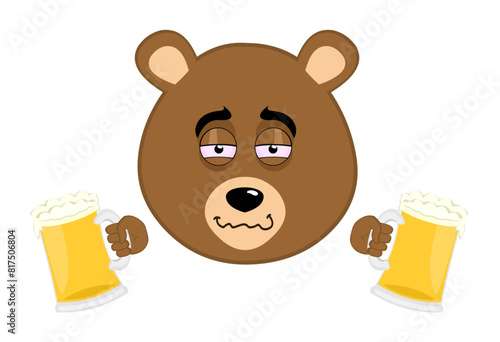 vector illustration face brown grizzly bear cartoon drunk holding beers with his hands