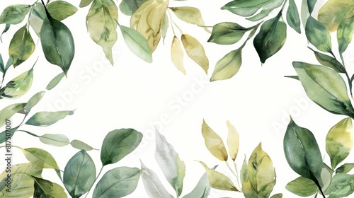 Green leaves painted in watercolor creating a textured background, copy space photo