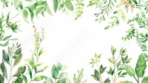 A watercolor frame featuring green leaves and flowers creating a botanical border  copy space