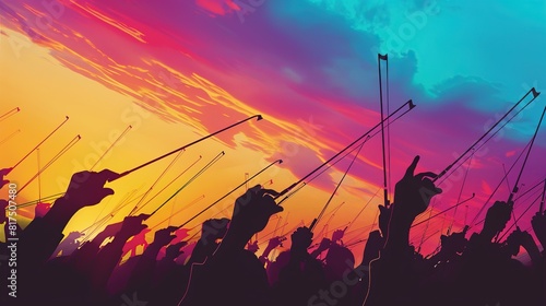 Gradient of sunset colors, with abstract silhouettes of conductors hands guiding the musics flow, - 