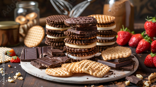 Delicious Assortment of Homemade Wafers on Rustic Wooden Table: Chocolate, Vanilla, and Strawberry Flavors