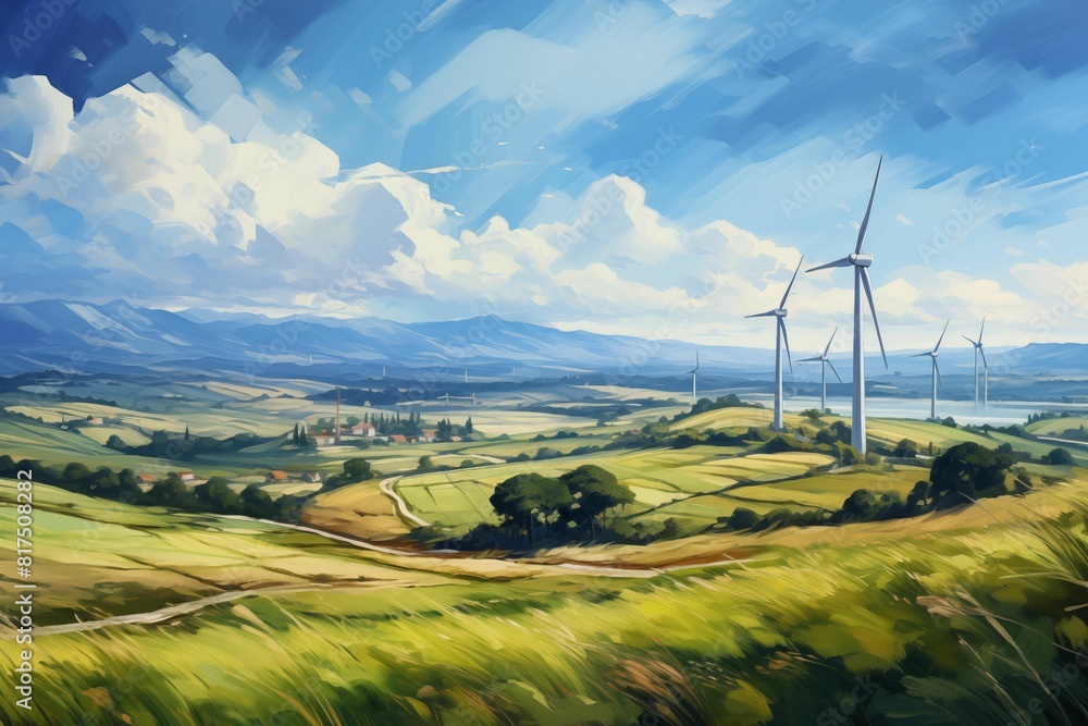 illustration landscape of green fields with wind turbines in the background, representing sustainable energy and clean technology. Generative ai illustration landscape of green fields with wind turbines in the background, representing sustainable energy and clean technology. Generative ai