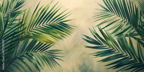 green palm tree leaves on beige wall background